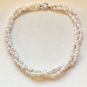 Elegant Triple-Strand Pearl Necklace with Sterling Silver Clasp, 18”